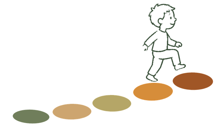 Illustratie van een kind dat stap voor stap over gekleurde stenen loopt